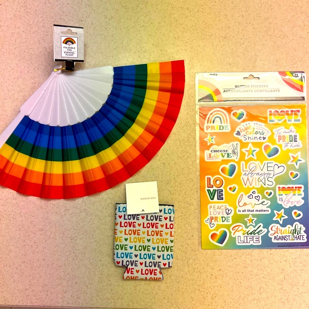 UNISEX Rainbow PRIDE * Foldable Fan * 25 Glitter Stickers * Can / Glass Koozie *